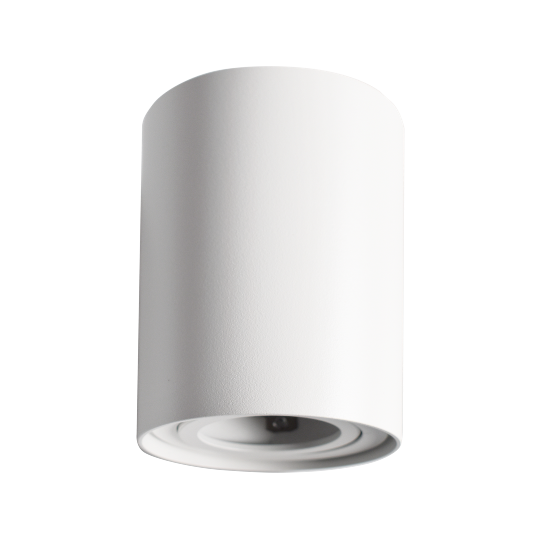Bima Round lampa sufitowa 1-punktowa w kolorze białym, cylindryczny kształt, matowa powierzchnia. Ujęcie z dołu, montowana na suficie, widoczny gwint na żarówkę.
