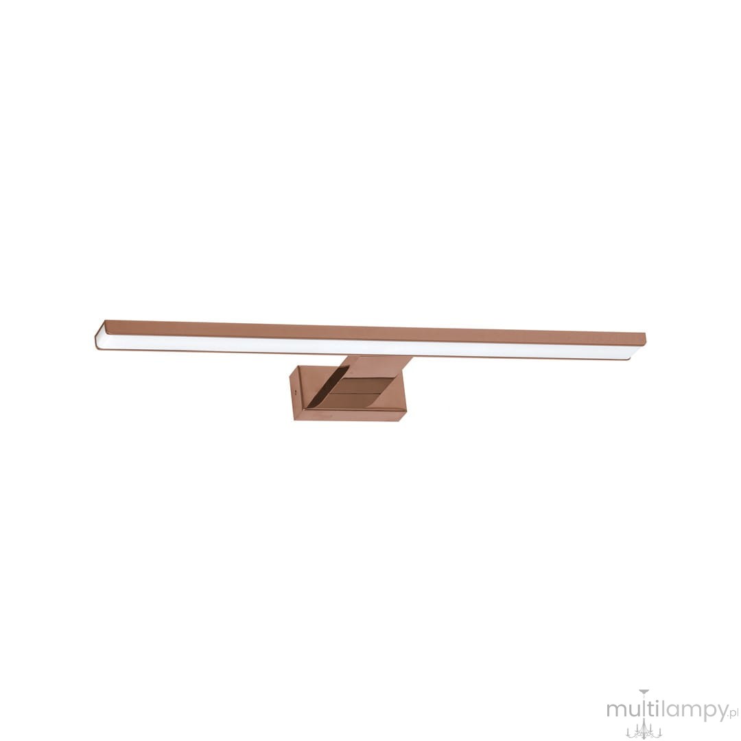 Kinkiet Shine LED IP44 w kolorze różowego złota, o długości 60 cm i mocy 13,8W. Prosta, prostokątna forma z białym kloszem LED, zamocowany na kwadratowej podstawie. Idealny do oświetlenia wnętrz.