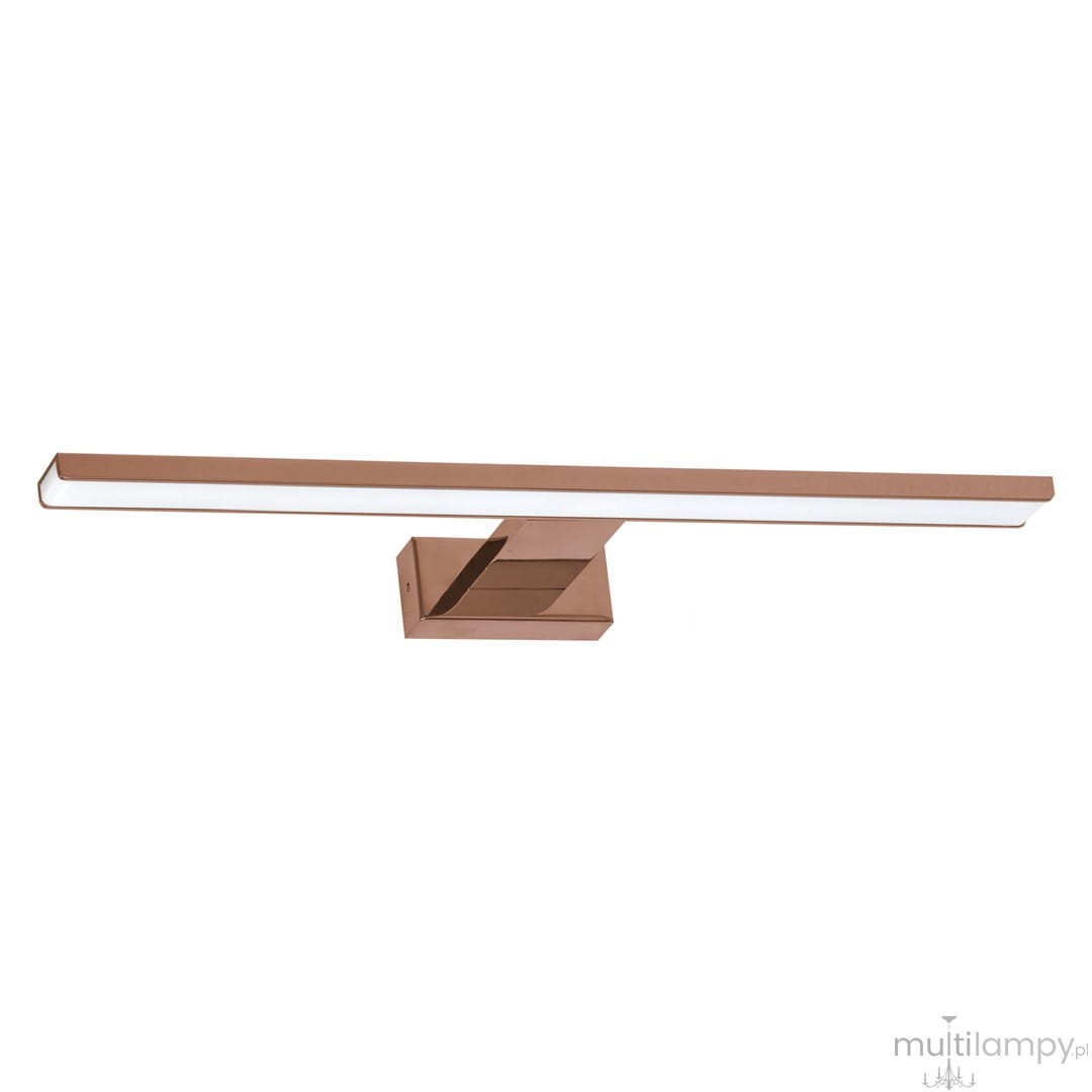 Kinkiet Shine LED IP44 w kolorze różowego złota, o długości 60 cm i mocy 13,8W, z prostokątnym, płaskim kloszem LED. Zamontowany na ścianie, z minimalistycznym designem i białym podświetleniem.