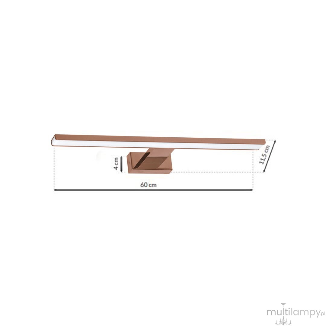 Kinkiet Shine LED IP44 w kolorze różowego złota, o wymiarach 60 cm długości, 4 cm szerokości i 11,5 cm wysokości. Prosty, prostokątny kształt z zamontowanym źródłem światła LED. Idealny do nowoczesnych wnętrz.