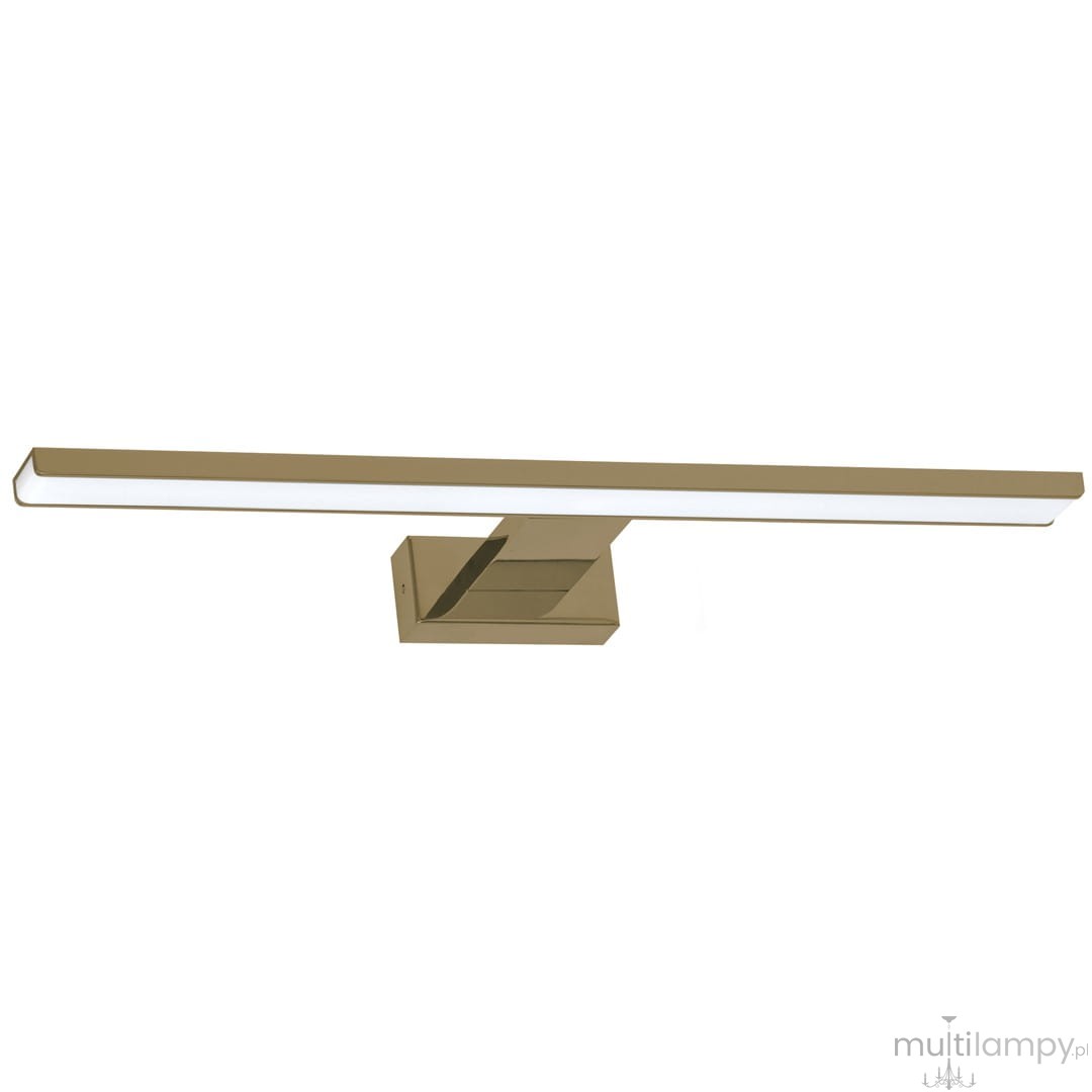 Kinkiet Shine LED IP44 w kolorze mosiądzu, o długości 60 cm i mocy 13,8W, z prostokątną, minimalistyczną formą. Zainstalowany w pozycji poziomej, z białą diodą LED, umieszczony na kwadratowej podstawie.