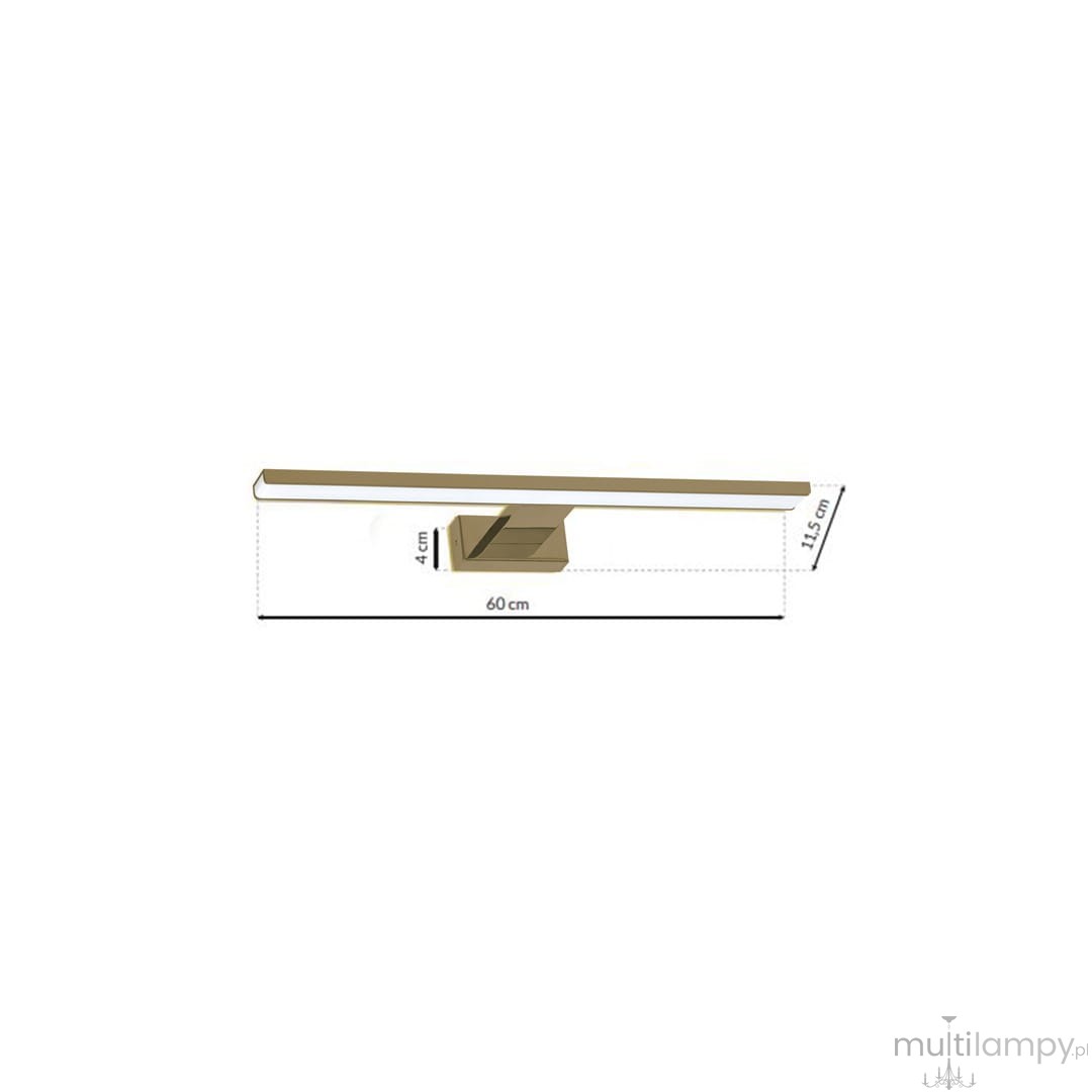 Kinkiet LED Shine IP44 w kolorze mosiądzu, o długości 60 cm i wysokości 4 cm. Posiada prostokątną podstawę. Widok z boku, pokazujący wymiary 60 cm x 4 cm x 11,5 cm. Idealny do użytku wewnętrznego i zewnętrznego.