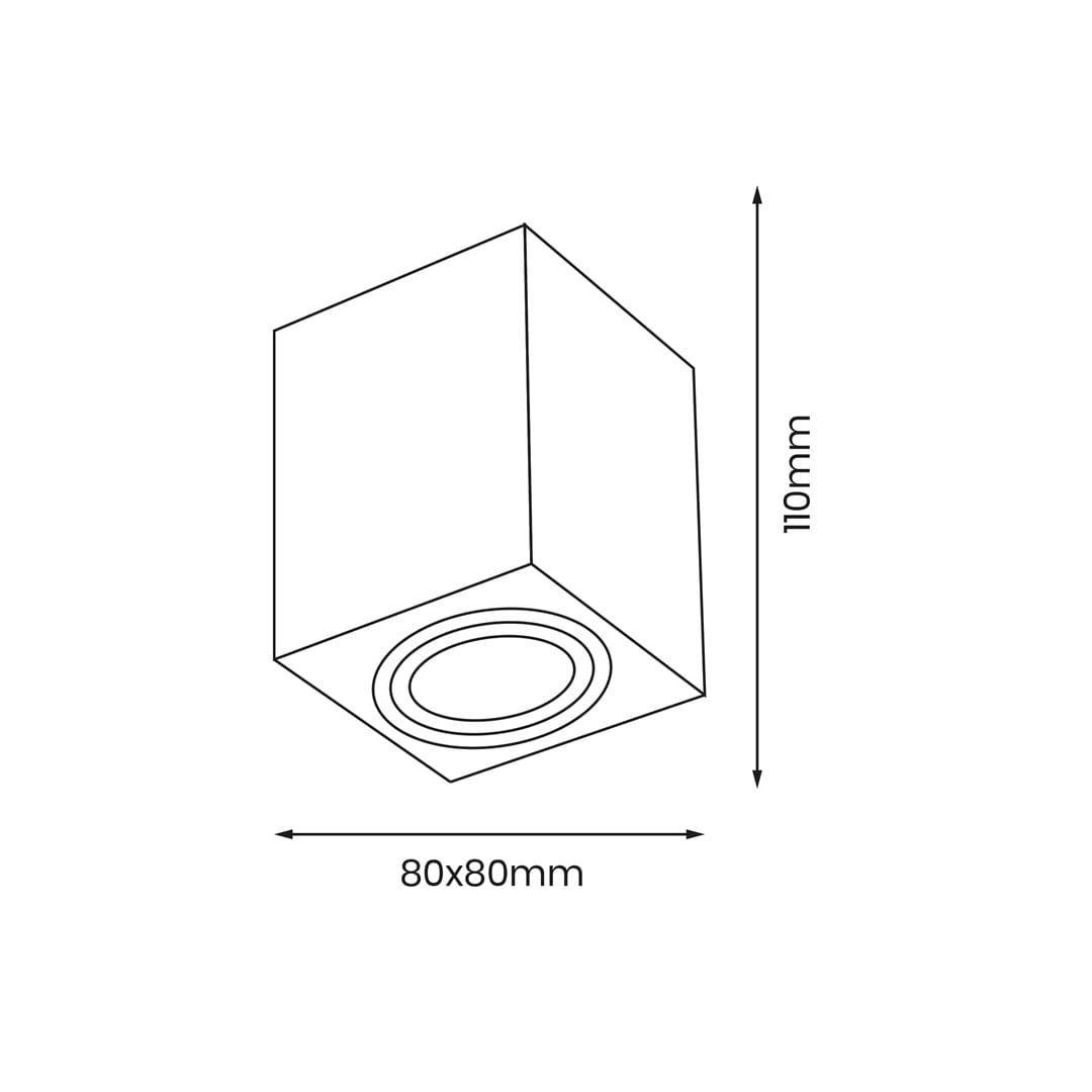 Czarna lampa sufitowa Bima Ring Square, 1-punktowa, o wymiarach 80x80 mm i wysokości 110 mm. Kształt sześcianu z okrągłym otworem na żarówkę, widok z góry. Prosta konstrukcja, idealna do nowoczesnych wnętrz.