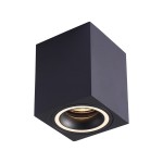 Czarna lampa sufitowa Bima Ring Square 1-punktowa w kształcie sześcianu, z okrągłym źródłem światła w centralnej części i białym obrzeżem. Ujęcie z dołu, eksponujące minimalistyczny design i matową fakturę.