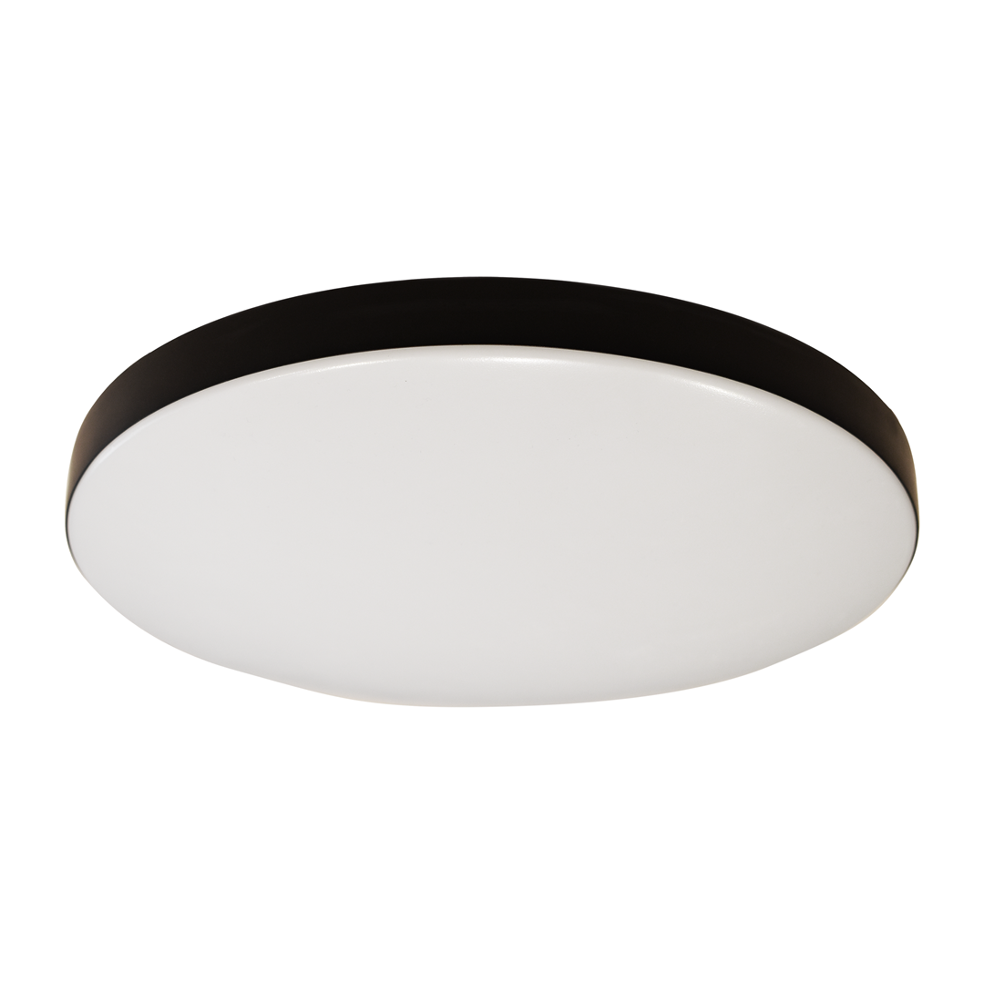 Maya LED D33 plafon w kolorze czarnym, IP44, moc 15W, barwa światła 4000K. Okrągły, płaski design z białą, matową powierzchnią na froncie. Produkt montowany na suficie, widoczny kąt ujęcia z boku.
