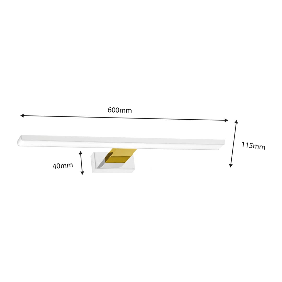 Biały kinkiet LED IP44 z złotym akcentem, o wymiarach 600 mm długości, 40 mm szerokości i 115 mm wysokości. Prosta, nowoczesna forma z prostokątnym uchwytem. Idealny do oświetlenia wnętrz.
