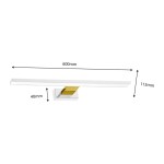 Biały kinkiet LED IP44 z złotym akcentem, o wymiarach 600 mm długości, 40 mm szerokości i 115 mm wysokości. Prosta, nowoczesna forma z prostokątnym uchwytem. Idealny do oświetlenia wnętrz.