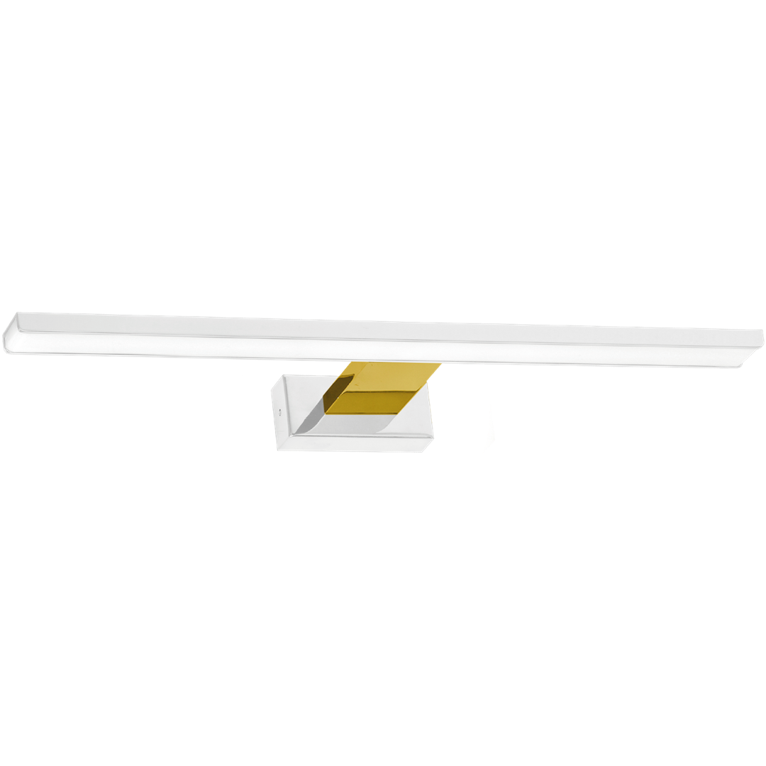 Kinkiet Shine LED IP44 w kolorze białym i złotym, o długości 60 cm i mocy 13,8W. Posiada prostokątną, białą obudowę oraz złoty, dekoracyjny element. Zamontowany na ścianie, o nowoczesnym designie, idealny do łazienek.