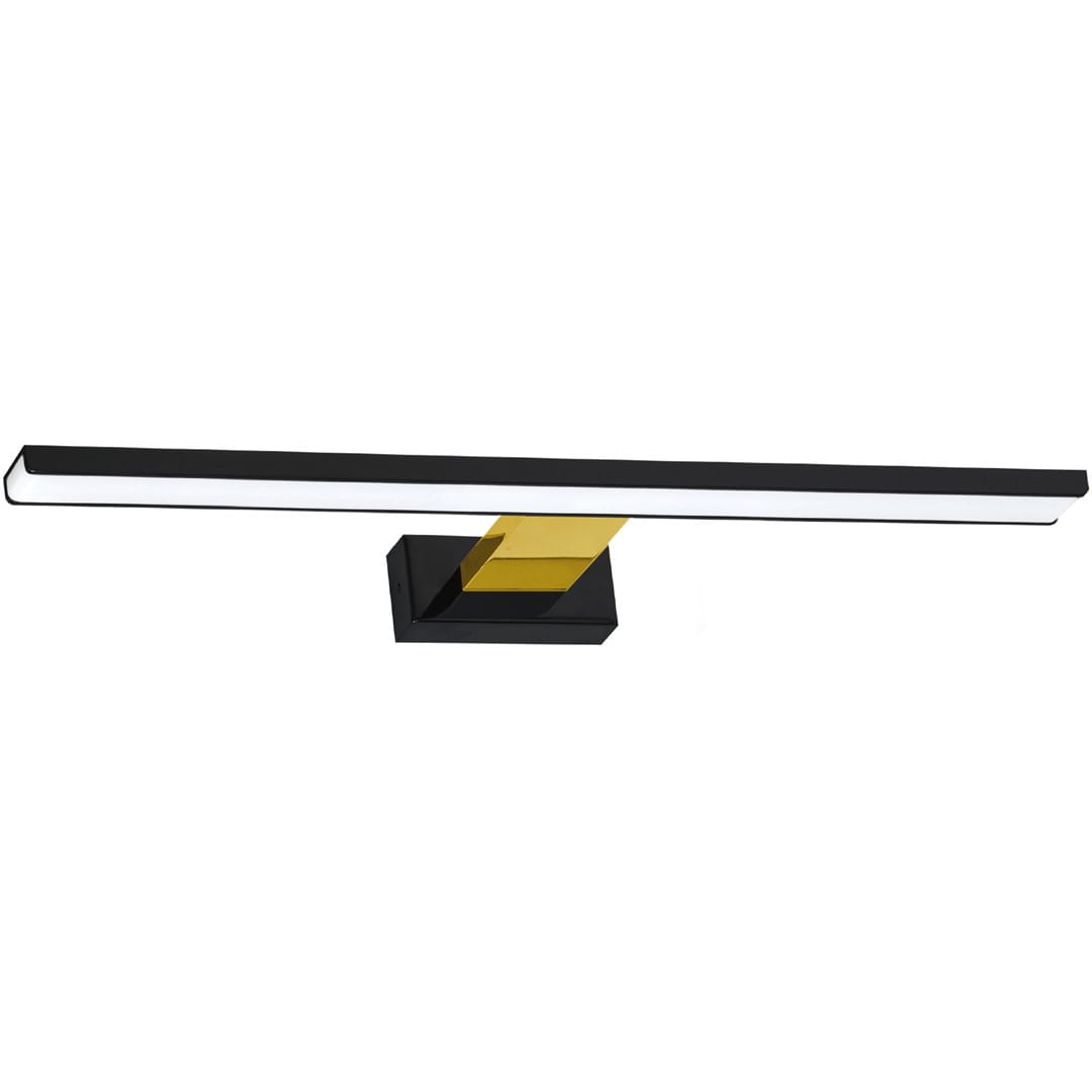 Kinkiet Shine LED IP44 w kolorze czarnym i złotym, o wymiarach L60 cm i mocy 13,8W. Posiada prostokątną, płaską formę oraz dekoracyjną złotą wstawkę, montowany na ścianie. Oświetlenie w nowoczesnym stylu, idealne do wnętrz.