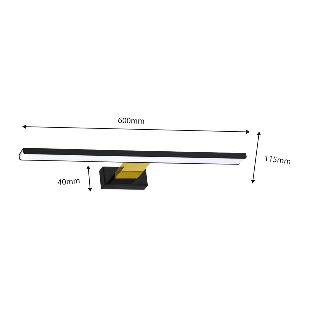 Kinkiet Shine LED IP44 w kolorze czarnym i złotym, o wymiarach 600 mm x 40 mm x 115 mm. Prosty, prostokątny kształt z czarną obudową i złotym akcentem. Montowany na ścianie, idealny do użytku w łazience lub na zewnątrz.