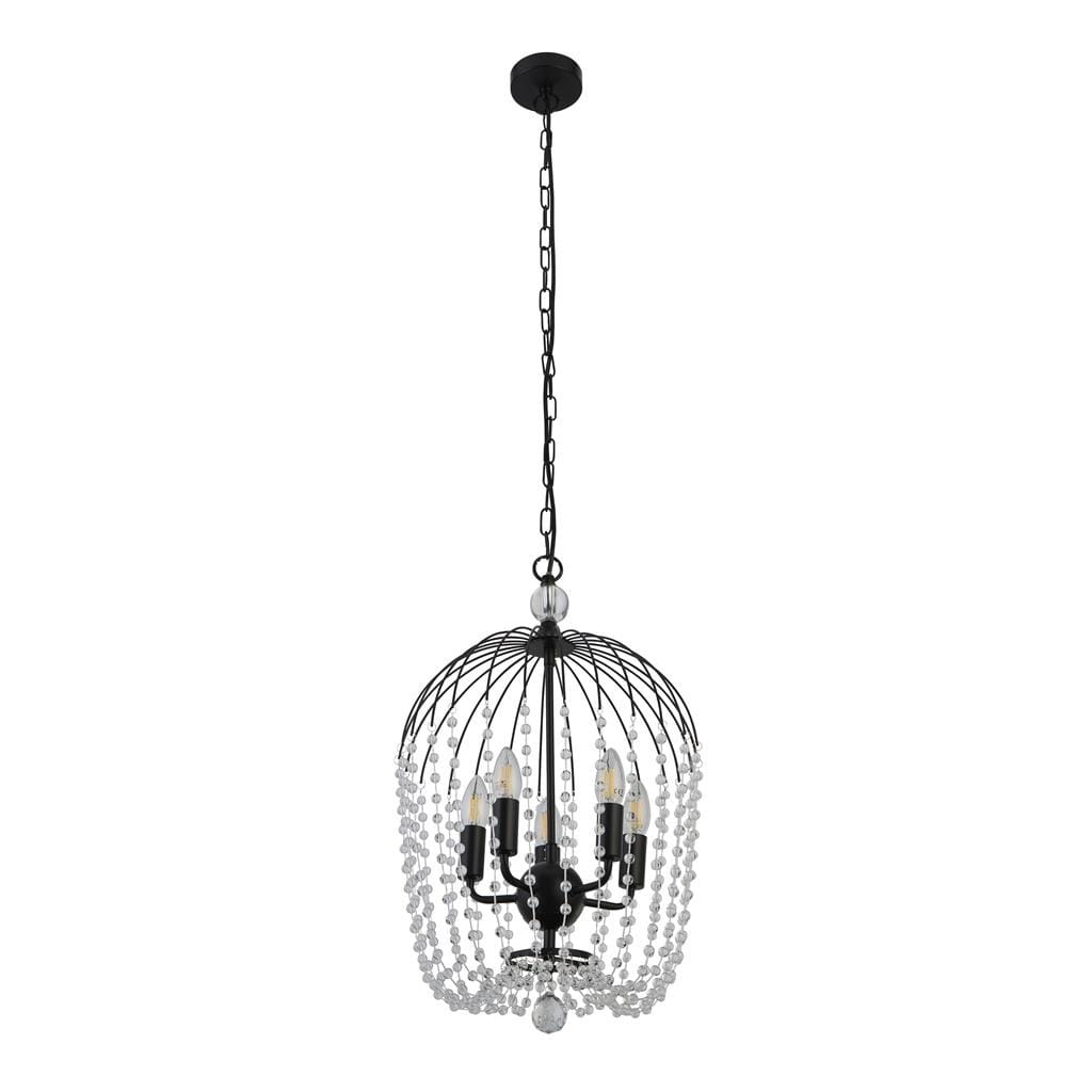 Czarna lampa wisząca 5-punktowa z metalową konstrukcją w kształcie klatki. Wykończona kryształowymi detalami, zawieszona na długim łańcuchu. Produkt w stylu eleganckim, idealny do nowoczesnych wnętrz.
