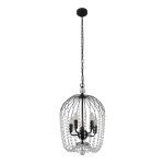 Czarna lampa wisząca 5-punktowa z metalową konstrukcją w kształcie klatki. Wykończona kryształowymi detalami, zawieszona na długim łańcuchu. Produkt w stylu eleganckim, idealny do nowoczesnych wnętrz.