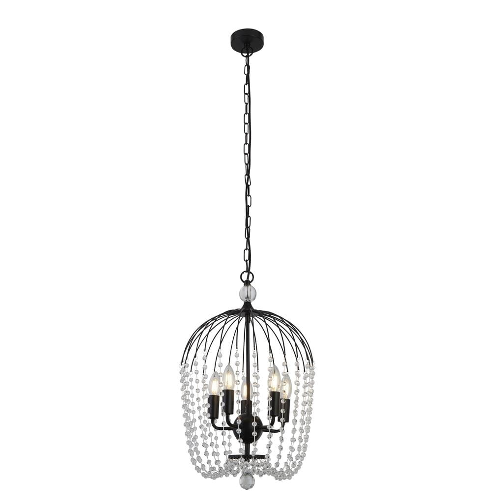 Lampa wisząca 5-punktowa w kolorze czarnym, z metalowym stelażem w kształcie klatki, ozdobiona przezroczystymi kryształkami. Ujęcie frontalne, zawieszona na łańcuchu, idealna do nowoczesnych wnętrz.