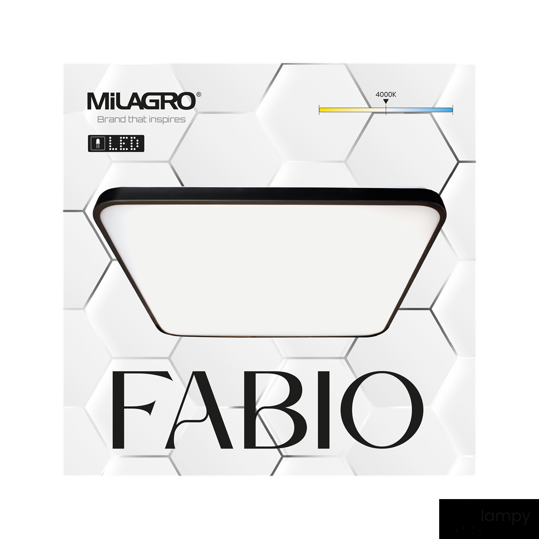 Czarny plafon LED Fabio 35W w kształcie prostokąta z białą oprawą. Widok frontalny na produkt umieszczony na opakowaniu z białym tłem i logo Milagro. Temperatura barwowa 4000K.