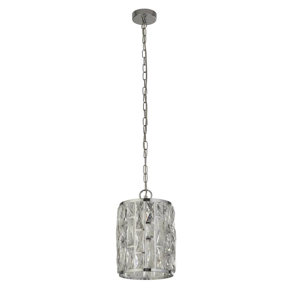 Lampa wisząca Bijou 1-punktowa w kolorze chromu z przezroczystym kloszem o fakturze przypominającej kryształ. Zawieszona na metalowym łańcuszku, prezentuje się w stylu nowoczesnym. Klosz ma cylindryczny kształt z geometrycznym wzorem.