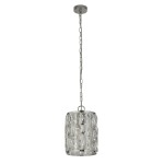 Lampa wisząca Bijou 1-punktowa w kolorze chromu z przezroczystym kloszem o fakturze przypominającej kryształ. Zawieszona na metalowym łańcuszku, prezentuje się w stylu nowoczesnym. Klosz ma cylindryczny kształt z geometrycznym wzorem.