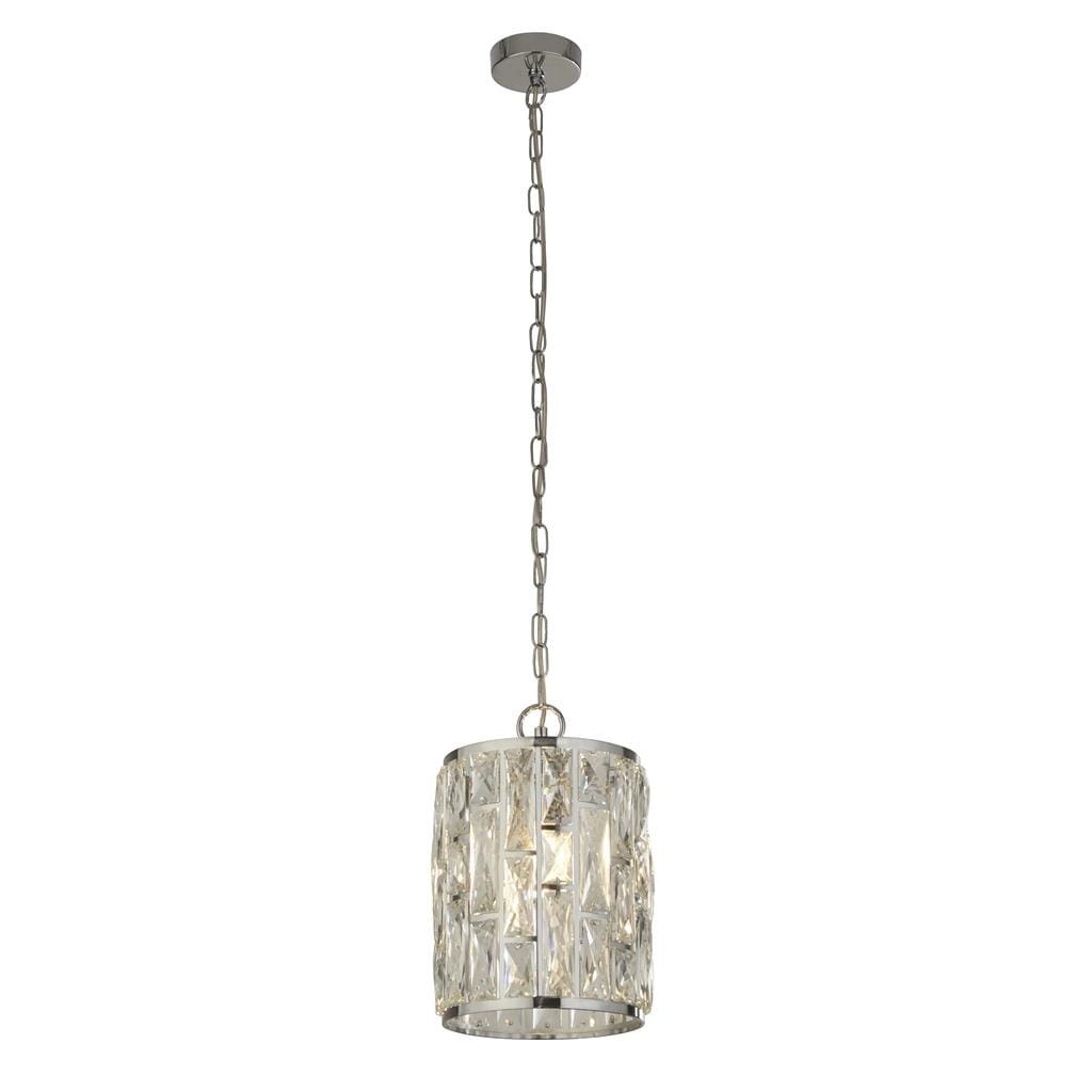 Lampa wisząca Bijou 1-punktowa w kolorze chromu z przezroczystym kloszem w kształcie walca, z ozdobnymi kryształkami. Zawieszona na łańcuszku, montowana sufitowo, idealna do nowoczesnych wnętrz.