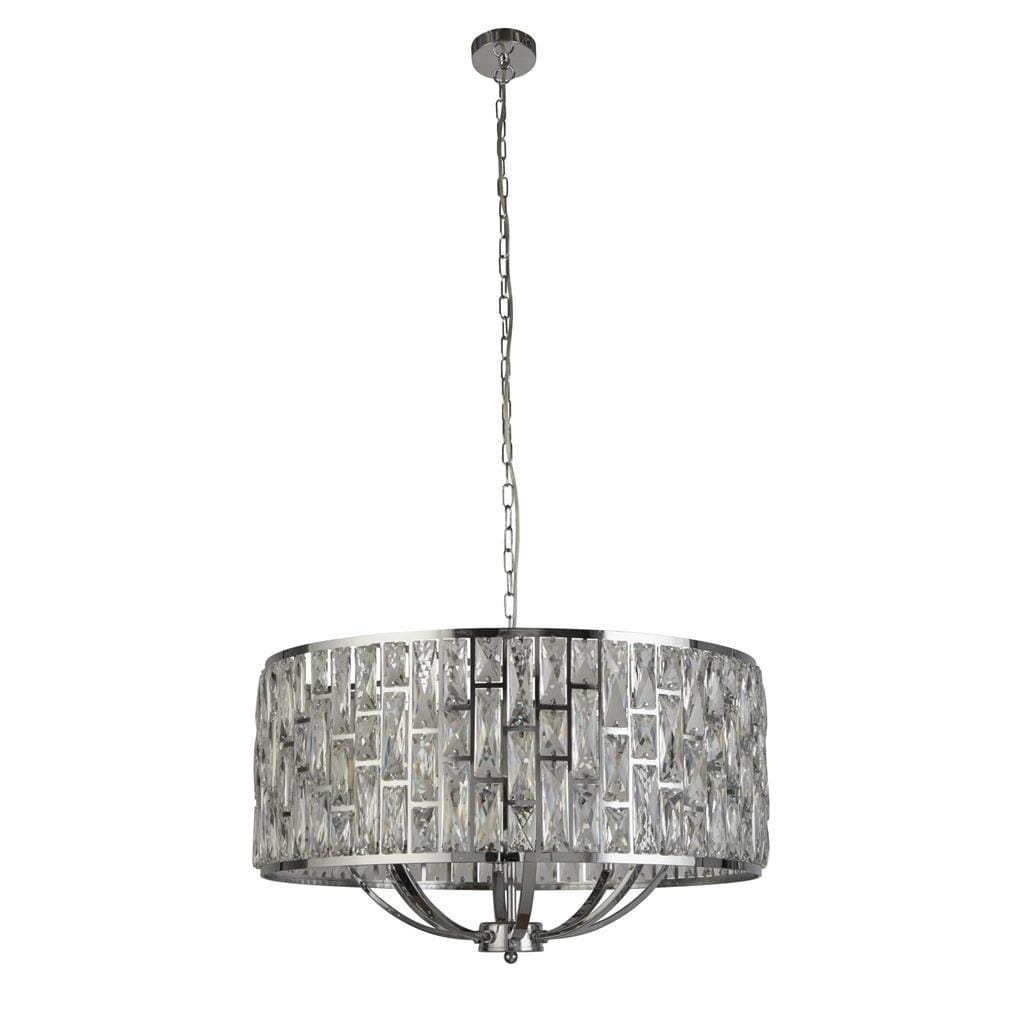 Lampa wisząca Bijou 8-punktowa w chromowanej oprawie. Okrągły klosz z przezroczystymi, szklanymi elementami, zawieszona na łańcuszku. Stylowy design, doskonała do nowoczesnych wnętrz.