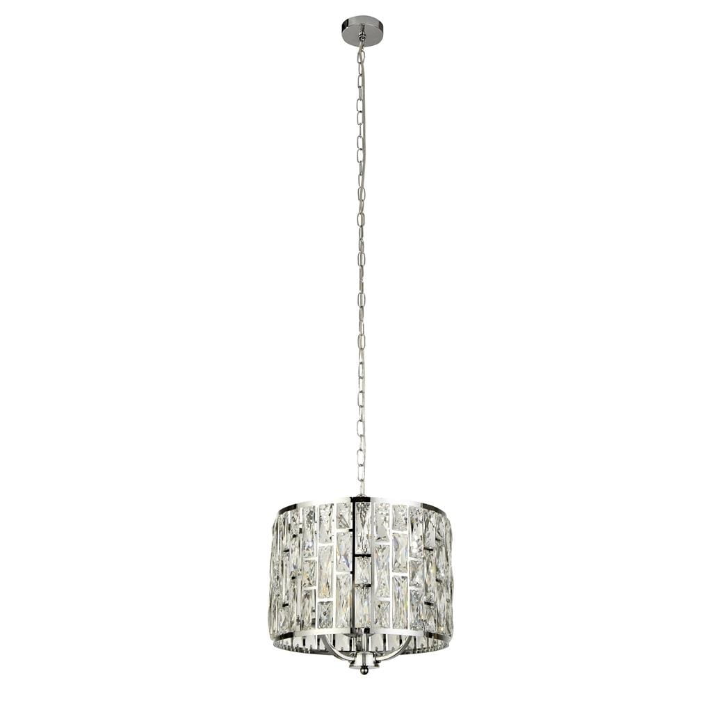 Lampa wisząca Bijou 3-punktowa w kolorze chromu, z okrągłym kloszem z przezroczystych elementów w kształcie prostokątów. Ujęcie z boku, z długim łańcuchem mocującym. Idealna do nowoczesnych wnętrz.