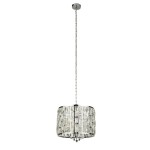 Lampa wisząca Bijou 3-punktowa w kolorze chromu, z okrągłym kloszem z przezroczystych elementów w kształcie prostokątów. Ujęcie z boku, z długim łańcuchem mocującym. Idealna do nowoczesnych wnętrz.