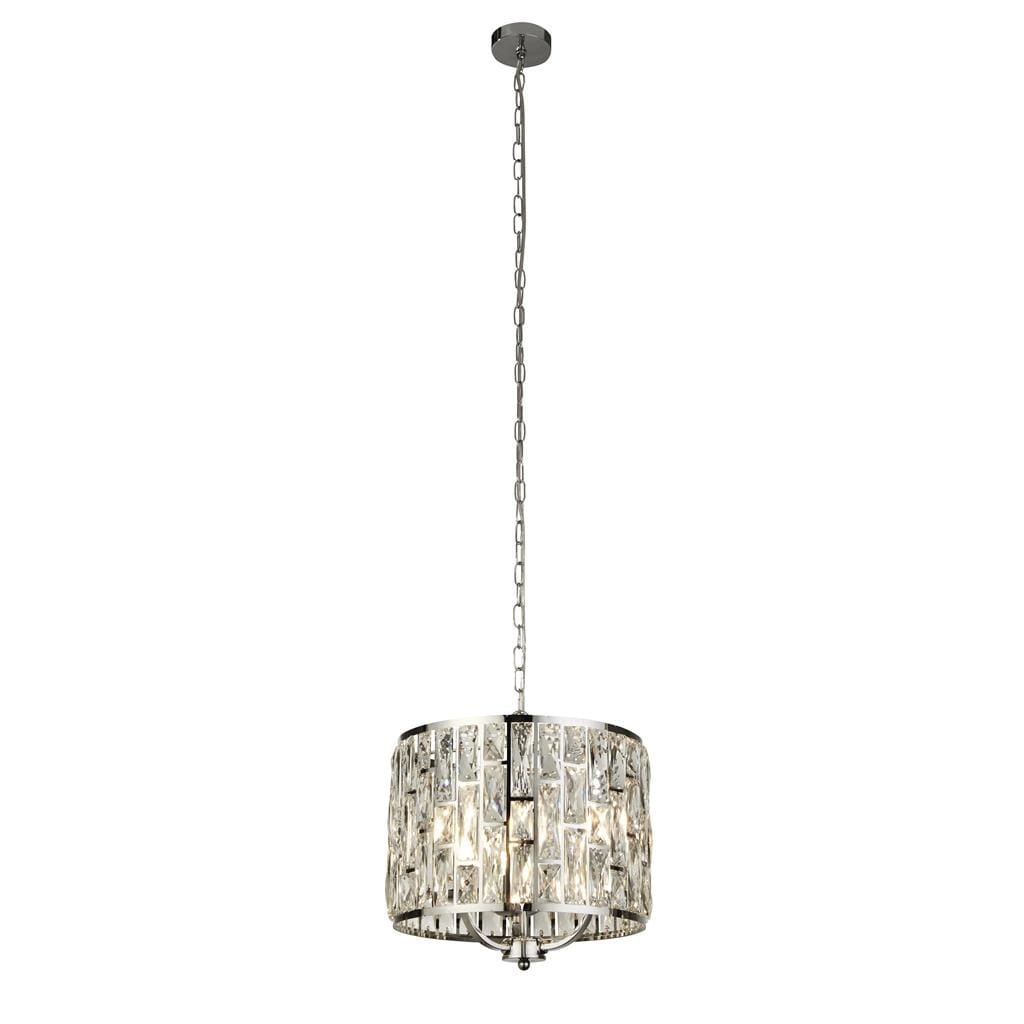 Lampa wisząca Bijou 3-punktowa w chromowanej oprawie, z okrągłym kloszem z przezroczystymi kryształkami. Zawieszona na łańcuszku, widoczna z boku. Idealna do nowoczesnych wnętrz.