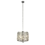 Lampa wisząca Bijou 3-punktowa w chromowanej oprawie, z okrągłym kloszem z przezroczystymi kryształkami. Zawieszona na łańcuszku, widoczna z boku. Idealna do nowoczesnych wnętrz.