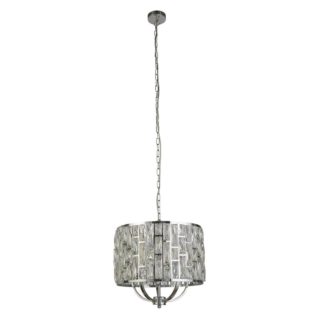 Lampa wisząca Bijou 5-punktowa w kolorze chromu. Okrągły klosz z przezroczystymi elementami, zawieszona na łańcuszku. Wymiary klosza oraz detalowe wykończenie tworzą elegancki wygląd idealny do nowoczesnych wnętrz.