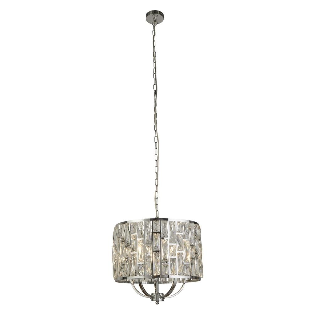 Lampa wisząca Bijou 5-punktowa w kolorze chromu, z okrągłym kloszem z przezroczystymi, wielokątnymi elementami. Zawieszona na długim łańcuchu, z górnym mocowaniem sufitowym. Idealna do nowoczesnych wnętrz.