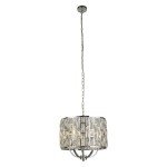 Lampa wisząca Bijou 5-punktowa w kolorze chromu, z okrągłym kloszem z przezroczystymi, wielokątnymi elementami. Zawieszona na długim łańcuchu, z górnym mocowaniem sufitowym. Idealna do nowoczesnych wnętrz.