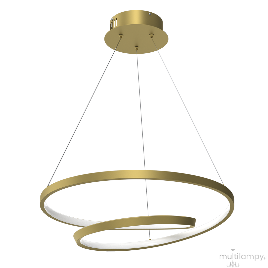 Złota lampa wisząca Lucero LED 1-punktowa z dwoma okrągłymi pierścieniami, jeden mniejszy wewnątrz większego. Lampa zawieszona na cienkich linkach, z okrągłym mocowaniem sufitowym. Widoczna biała oprawa świetlna.