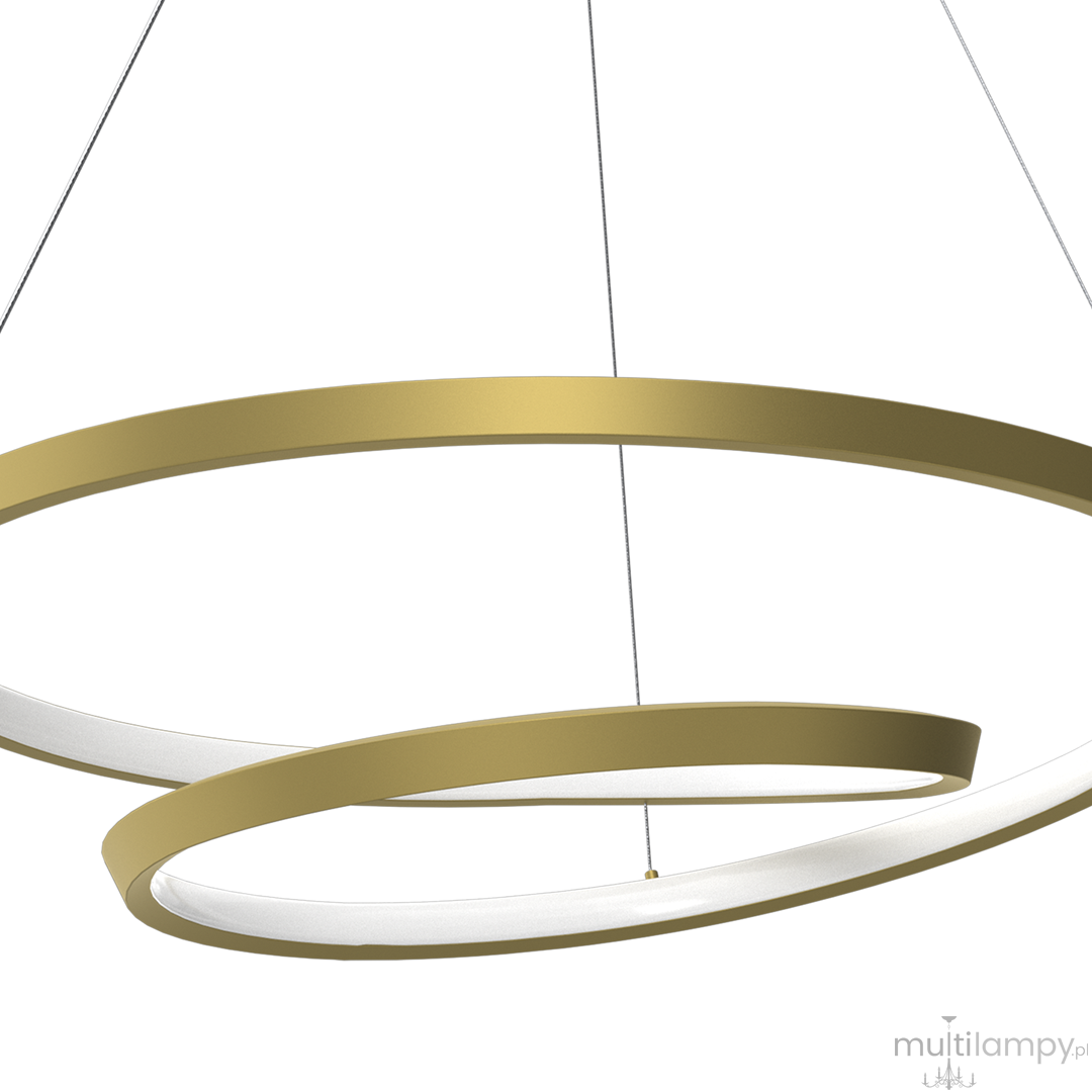 Złota lampa wisząca Lucero LED z jednym punktem świetlnym. Okrągłe pierścienie w dwóch rozmiarach, z białym wnętrzem. Ujęcie z dołu, ukazujące zawieszenie na cienkich linkach. Prostota formy i elegancki design.