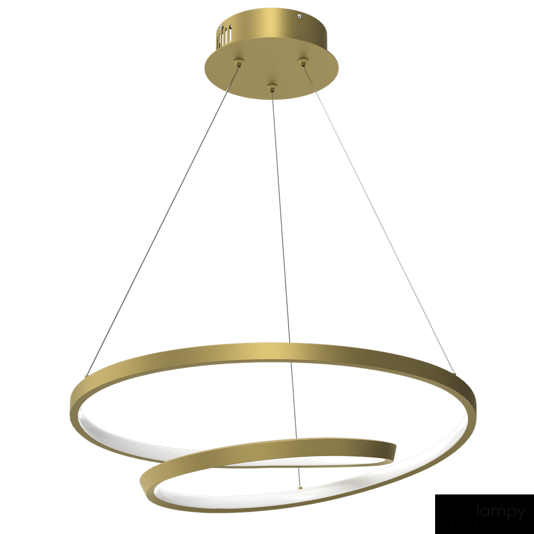 Złota lampa wisząca Lucero LED z jedną oprawą, składająca się z dwóch okrągłych pierścieni, z przezroczystymi krawędziami, zawieszona na cienkich linkach. Montaż sufitowy, minimalistyczny design, idealna do nowoczesnych wnętrz.