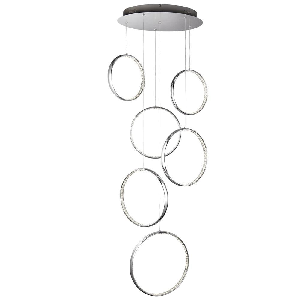 Lampa wisząca Rings LED 6-punktowa w kolorze chromu z sześcioma okrągłymi elementami, zawieszona na cienkich linkach. Okręgi mają wewnętrzne podświetlenie, tworząc nowoczesny efekt świetlny. Montaż sufitowy, minimalistyczny design.