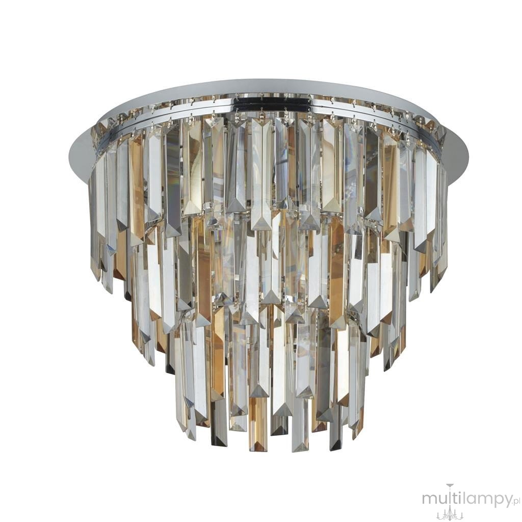 Lampa sufitowa Clarissa 5-punktowa w chromowanej oprawie, zdobiona przezroczystymi kryształami w formie prostokątnych elementów. Ujęcie z dołu, ukazujące elegancką konstrukcję z pięcioma źródłami światła.