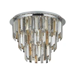 Lampa sufitowa Clarissa 5-punktowa w chromowanej oprawie, zdobiona przezroczystymi kryształami w formie prostokątnych elementów. Ujęcie z dołu, ukazujące elegancką konstrukcję z pięcioma źródłami światła.