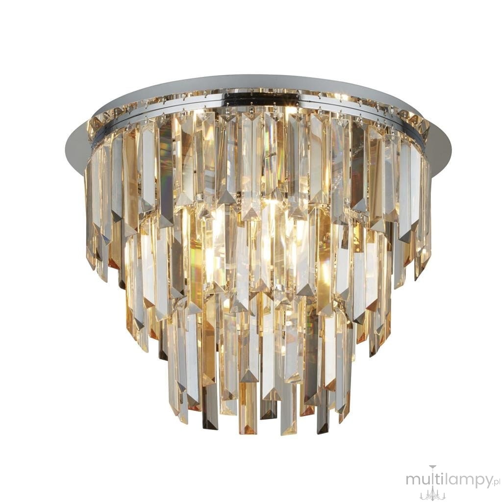 Lampa sufitowa Clarissa 5-punktowa w kolorze chromu z wiszącymi kryształowymi elementami. Ułożona w formie półkuli, z efektownym blaskiem. Kąt ujęcia frontalny, ukazujący detale dekoracyjne i źródła światła. Idealna do nowoczesnych wnętrz.