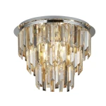 Lampa sufitowa Clarissa 5-punktowa w kolorze chromu z wiszącymi kryształowymi elementami. Ułożona w formie półkuli, z efektownym blaskiem. Kąt ujęcia frontalny, ukazujący detale dekoracyjne i źródła światła. Idealna do nowoczesnych wnętrz.