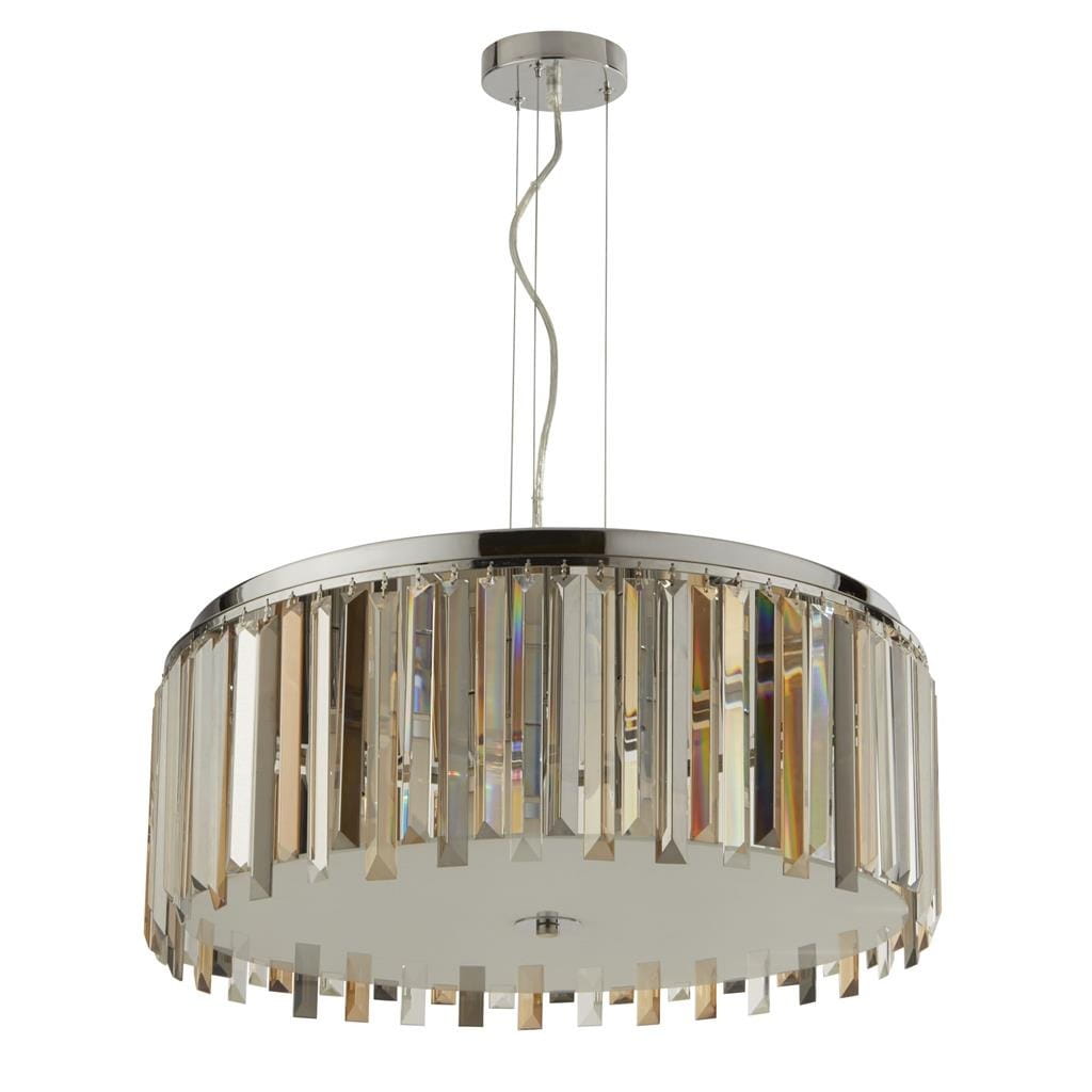 Lampa wisząca Clarissa 5-punktowa w kolorze chromu. Okrągła, z przezroczystymi kryształkami w formie prostokątów na obrzeżu, zawieszona na cienkim przewodzie. Posiada metalowy sufitowy uchwyt. Idealna do nowoczesnych wnętrz.
