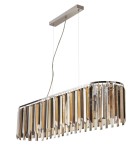 Lampa wisząca Clarissa 8-punktowa w chromie, z prostokątnym stelażem i wiszącymi elementami w kształcie szklanych pryzmatów, które odbijają światło, zawieszona na cienkich linkach. Wymiary: rozłożona, elegancka forma.