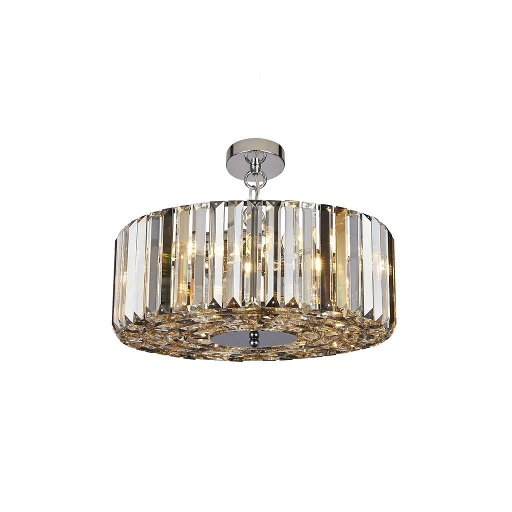 Lampa wisząca Chapeau 5-punktowa w kolorze chromu, z cylindrycznym kloszem z przezroczystych, pionowych elementów. Oświetlenie umieszczone na metalowej podstawie, zawieszona na łańcuchu. Elegancka, przeznaczona do nowoczesnych wnętrz.