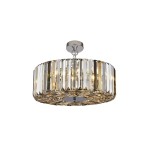 Lampa wisząca Chapeau 5-punktowa w kolorze chromu, z cylindrycznym kloszem z przezroczystych, pionowych elementów. Oświetlenie umieszczone na metalowej podstawie, zawieszona na łańcuchu. Elegancka, przeznaczona do nowoczesnych wnętrz.
