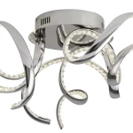 Lampa sufitowa Twirls LED 3-punktowa w chromie, z falującymi ramionami. Przeźroczyste elementy LED wbudowane w metalowe, błyszczące detale. Ujęcie z dołu, pokazujące kształt i położenie lampy.