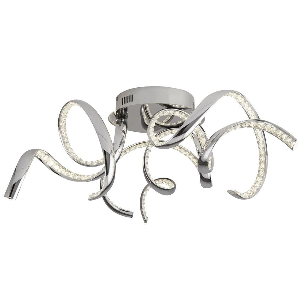Twirls LED lampa sufitowa 3-punktowa w kolorze chromu z falistymi ramionami, ozdobiona diodami LED. Montowana do sufitu, z widocznymi, błyszczącymi detalami. Idealna do nowoczesnych wnętrz.