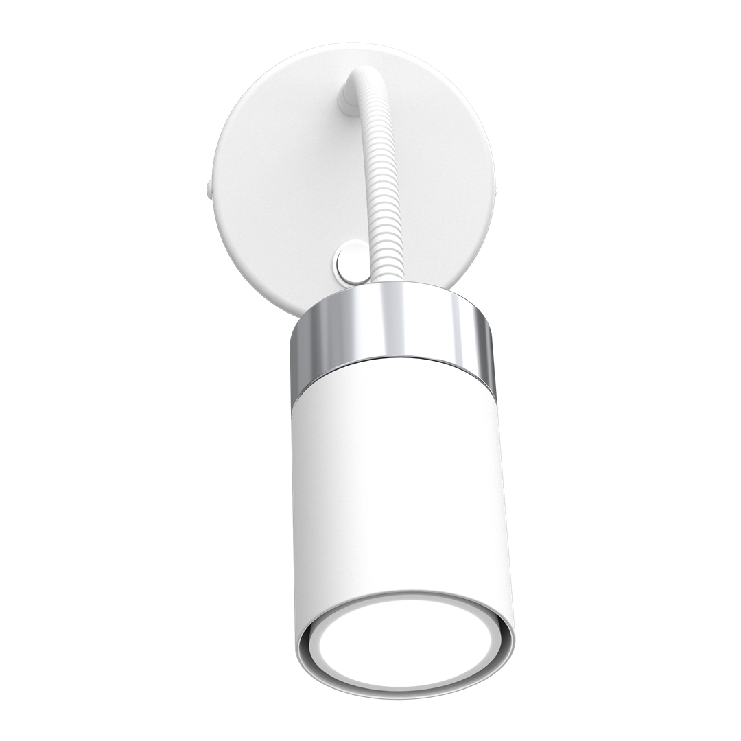 Biały kinkiet Joker Flex 1-punktowy z metalowym wykończeniem. Okrągła podstawa mocująca, elastyczny klosz w cylindrycznym kształcie, skierowany w dół, na prostym, ciemnym tle. Idealny do nowoczesnych wnętrz.