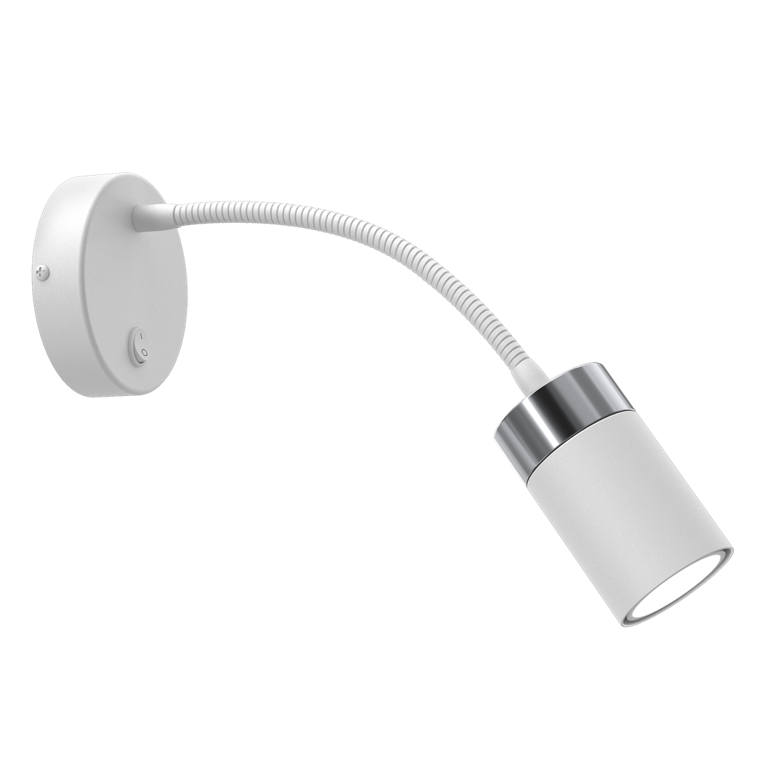 Biały kinkiet Joker Flex 1-punktowy z elastycznym ramieniem. Okrągła podstawa montażowa, metalowy detal w połysku. Lampa w formie cylindrycznej, z regulowanym kątem świecenia, umieszczona na ciemnym tle.