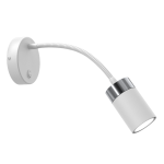 Biały kinkiet Joker Flex 1-punktowy z elastycznym ramieniem. Okrągła podstawa montażowa, metalowy detal w połysku. Lampa w formie cylindrycznej, z regulowanym kątem świecenia, umieszczona na ciemnym tle.