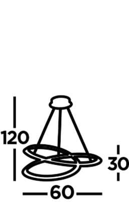 Czarna lampa wisząca Swirl II LED 1-punktowa o wymiarach 60 cm średnicy i 120 cm wysokości. Składa się z trzech okrągłych elementów o różnych długościach, zawieszonych na cienkich linkach. Prosty, nowoczesny design.