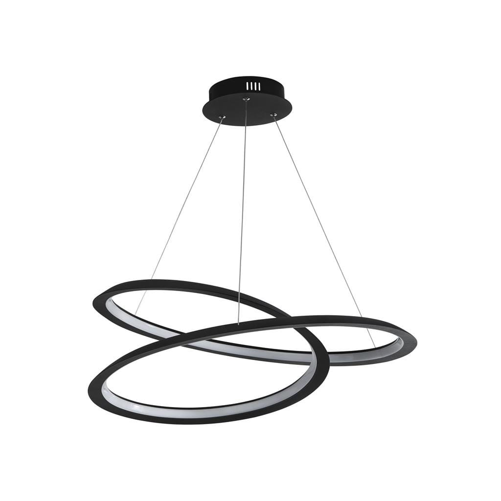Czarna lampa wisząca Swirl II LED z jedną punktową źródłem światła. Okrągłe, zakrzywione pierścienie z białym wykończeniem, zawieszone na cienkich linkach. Montaż sufitowy, nowoczesny design, idealna do aranżacji wnętrz.