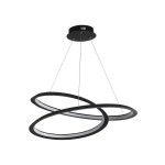Czarna lampa wisząca Swirl II LED z jedną punktową źródłem światła. Okrągłe, zakrzywione pierścienie z białym wykończeniem, zawieszone na cienkich linkach. Montaż sufitowy, nowoczesny design, idealna do aranżacji wnętrz.