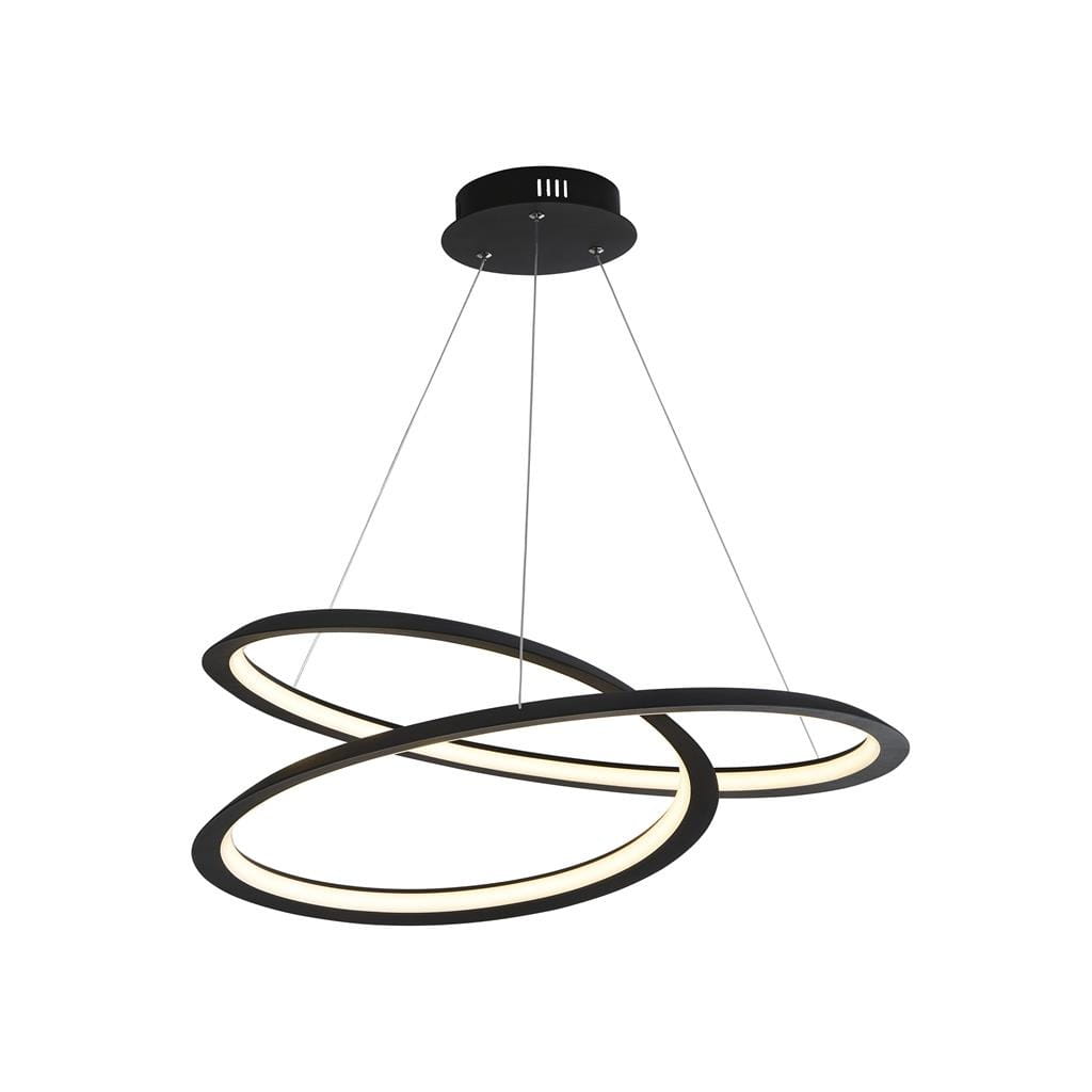 Czarna lampa wisząca Swirl II LED z jedną oprawą, zawieszona na cienkich linkach. Posiada dwa owalne pierścienie z białym podświetleniem, tworząc nowoczesny, minimalistyczny design. Montaż sufitowy, idealna do nowoczesnych wnętrz.